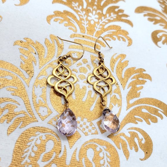 Pink amethyst gold wave gold filled dangle earrings - Picture 3 of 5